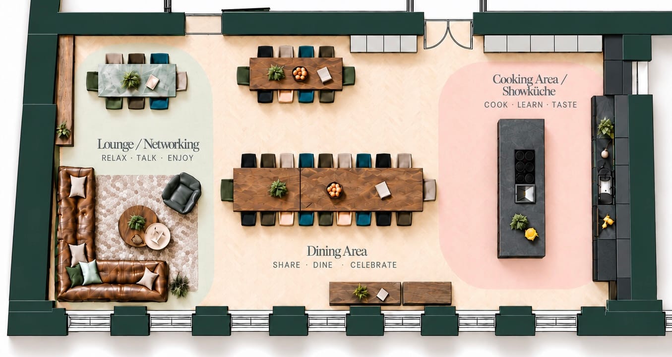 Grundriss YOUR Kitchen mit farbig markierten Zonen
